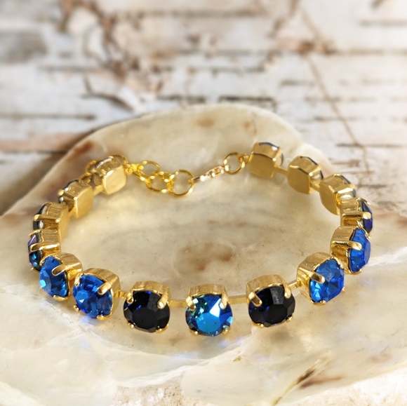 Blue Cobalt & Metallic  Swarovski Crystal Tennis Bracelet In Gold Plated - Picture 1 of 6